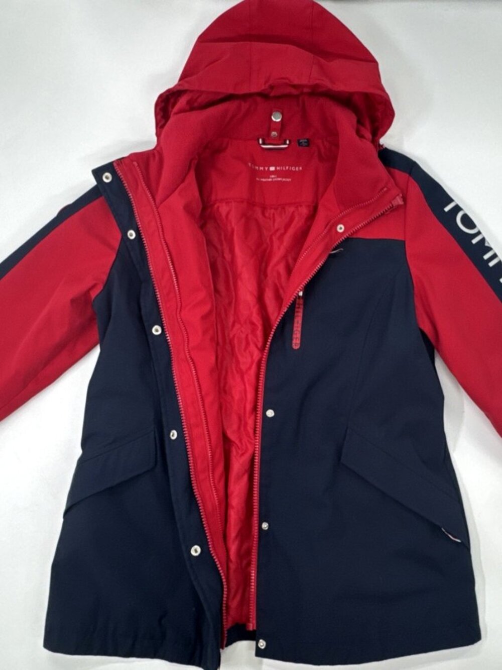 Tommy Hilfiger Jacket Womens Large Red Navy 3-in-1 All Weather System Hooded Zip